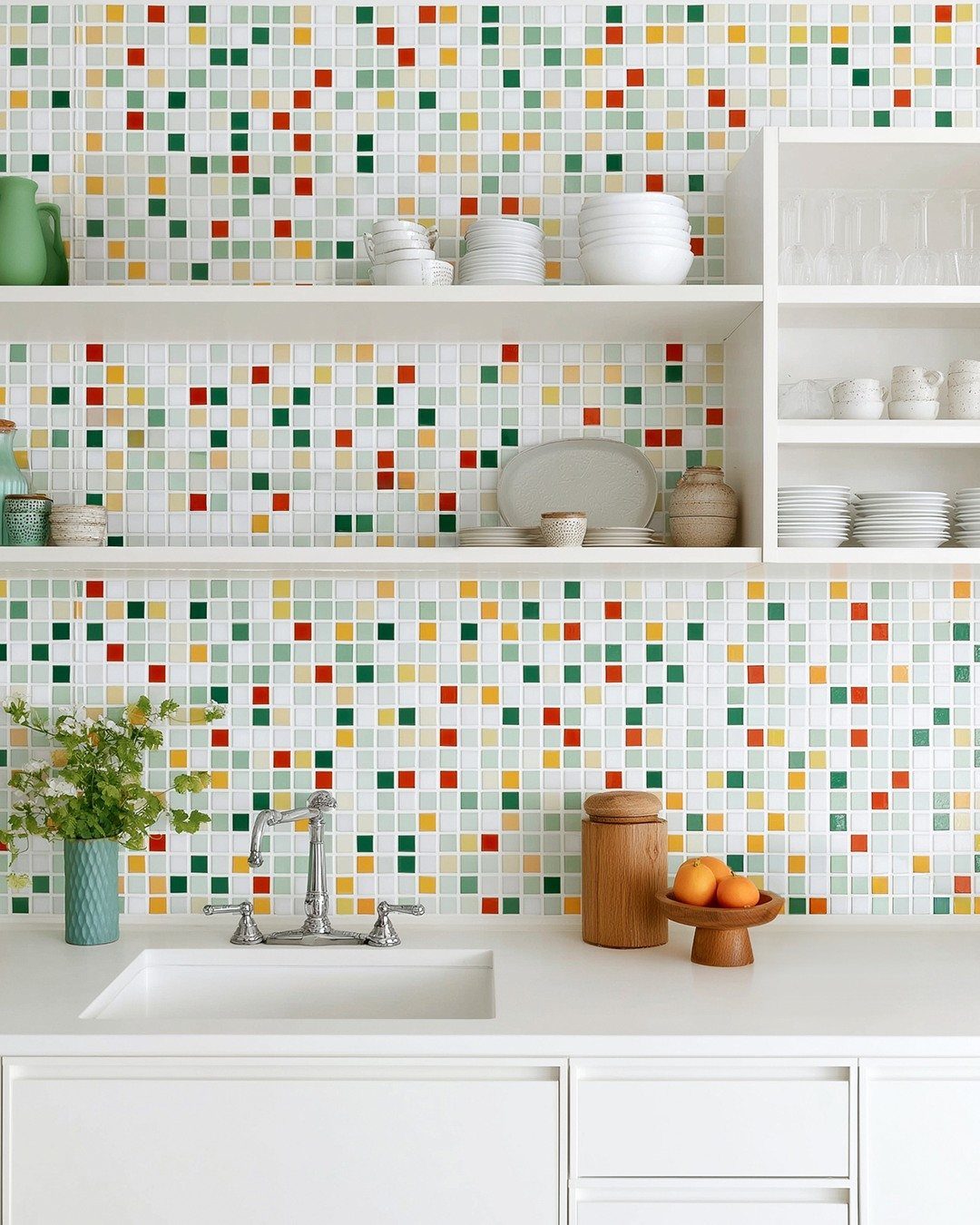 Colorful mosaic tile backsplash in red, yellow, and green behind a white kitchen sink.