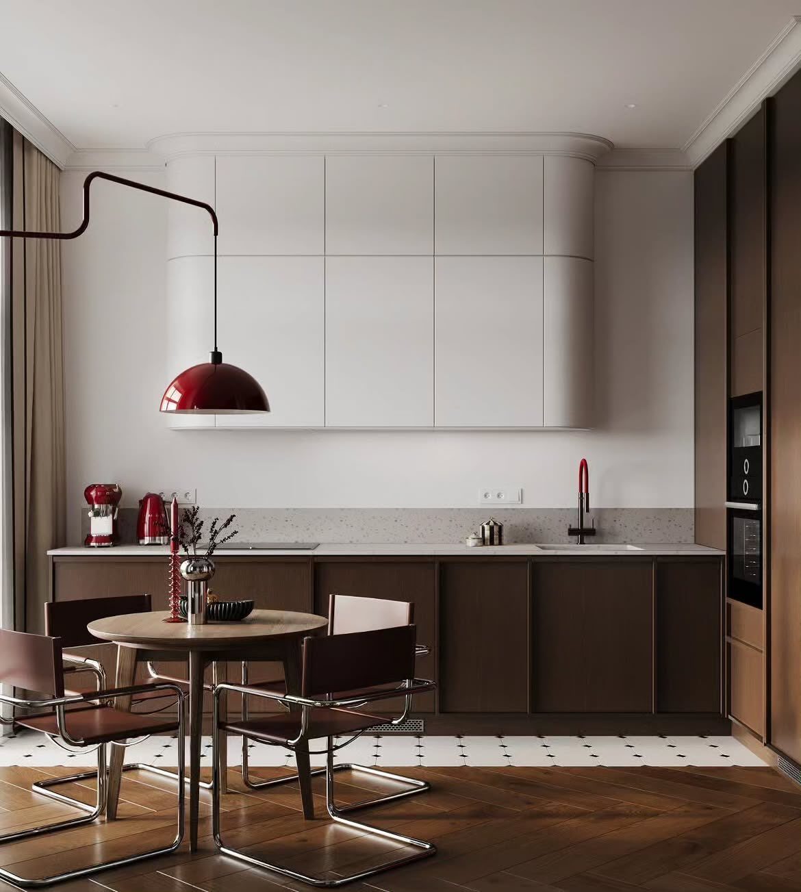Modern kitchen with white upper cabinets, dark lower cabinets, and patterned tile flooring.