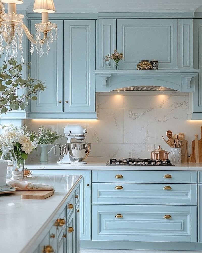 Light blue traditional kitchen cabinets with gold hardware and marble countertops.