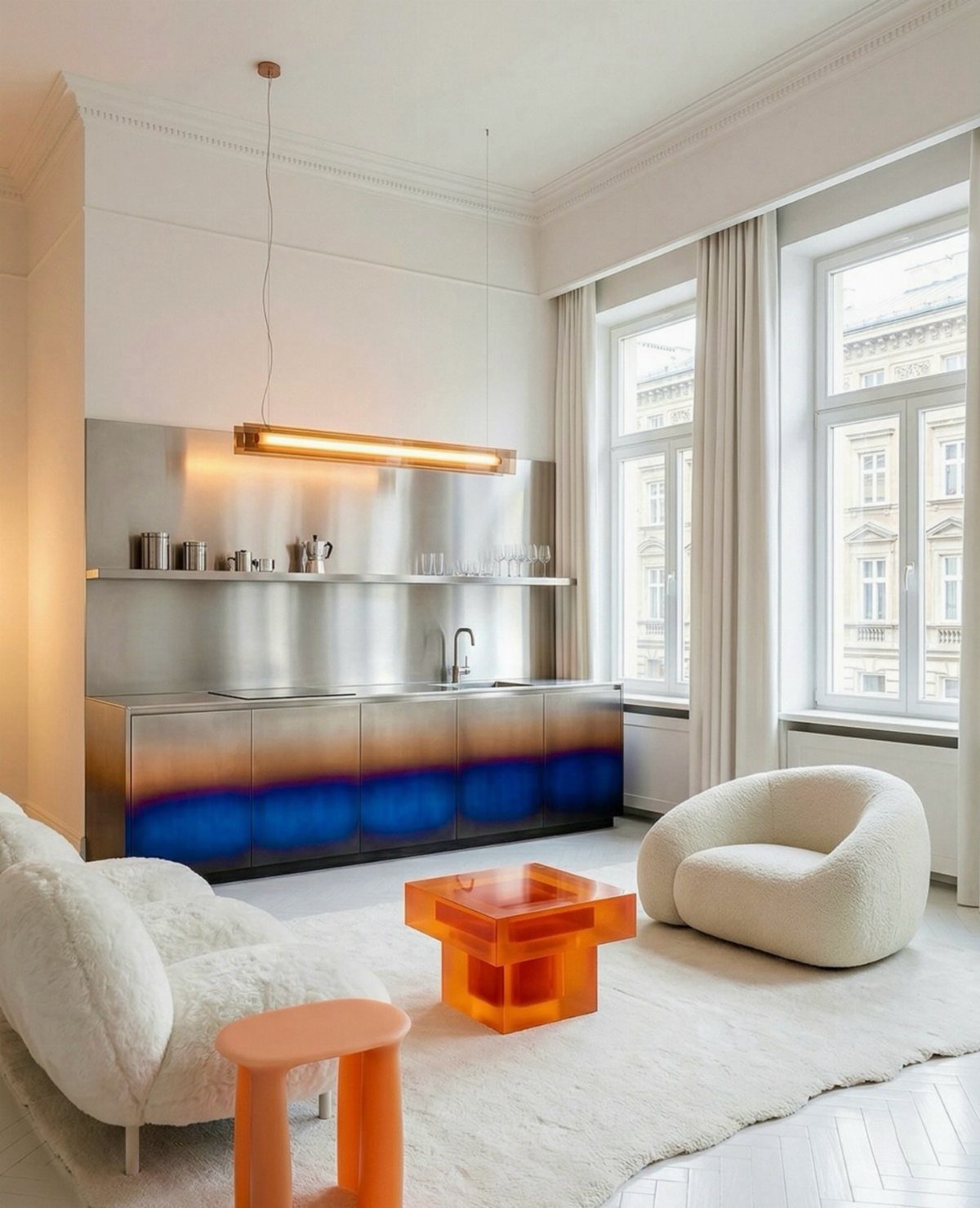 Stainless steel kitchen cabinetry with blue lighting in a bright, modern white living room.